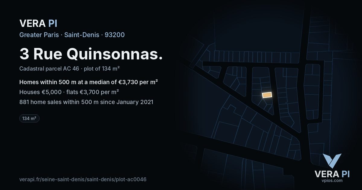 3 Rue Quinsonnas, Saint-Denis at night – the plot lit, the parcels around coloured by the prices near them