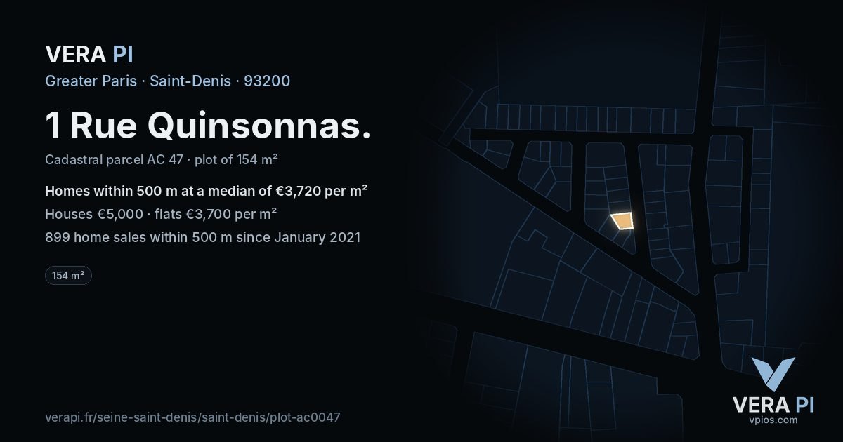 1 Rue Quinsonnas, Saint-Denis at night – the plot lit, the parcels around coloured by the prices near them