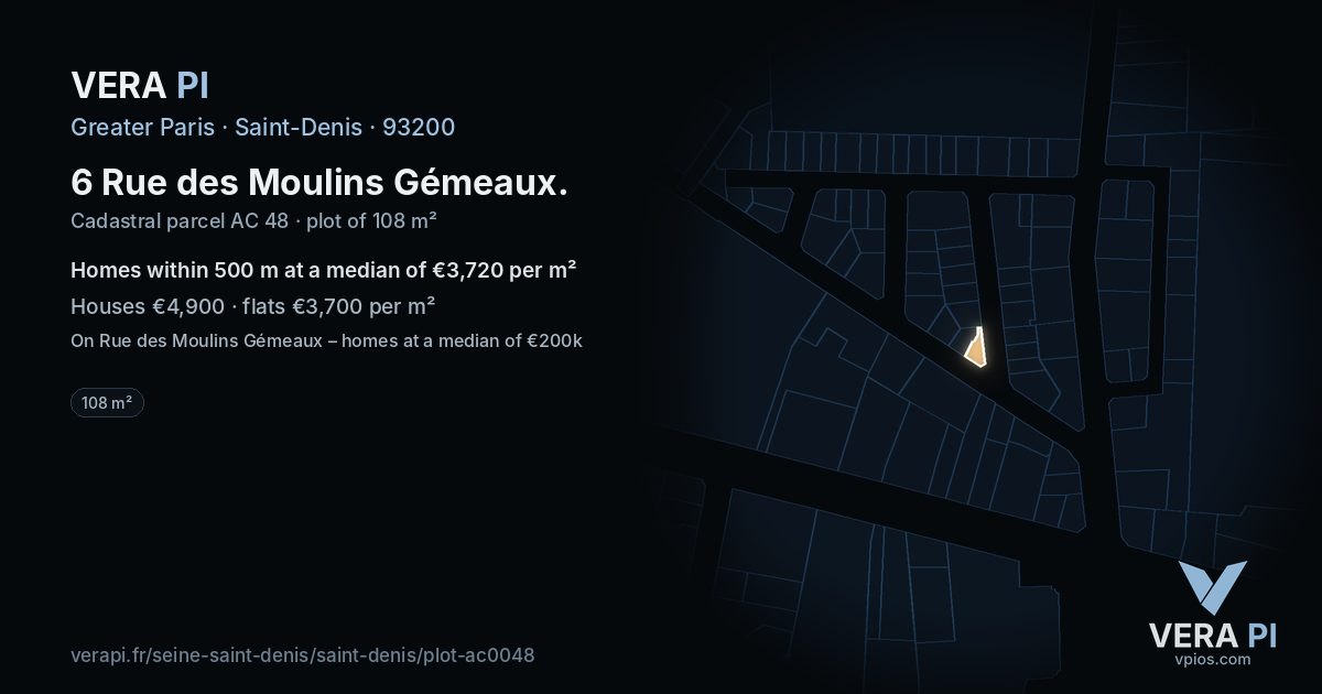 6 Rue des Moulins Gémeaux, Saint-Denis at night – the plot lit, the parcels around coloured by the prices near them