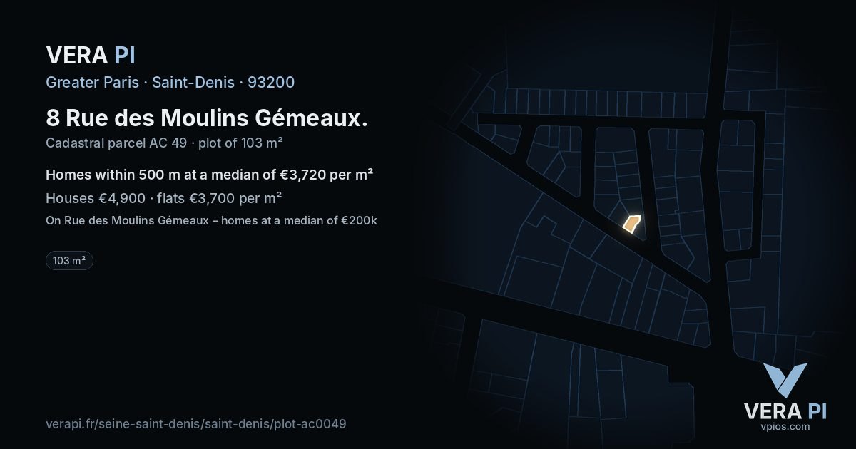 8 Rue des Moulins Gémeaux, Saint-Denis at night – the plot lit, the parcels around coloured by the prices near them