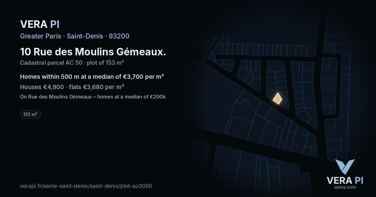 10 Rue des Moulins Gémeaux, Saint-Denis at night – the plot lit, the parcels around coloured by the prices near them