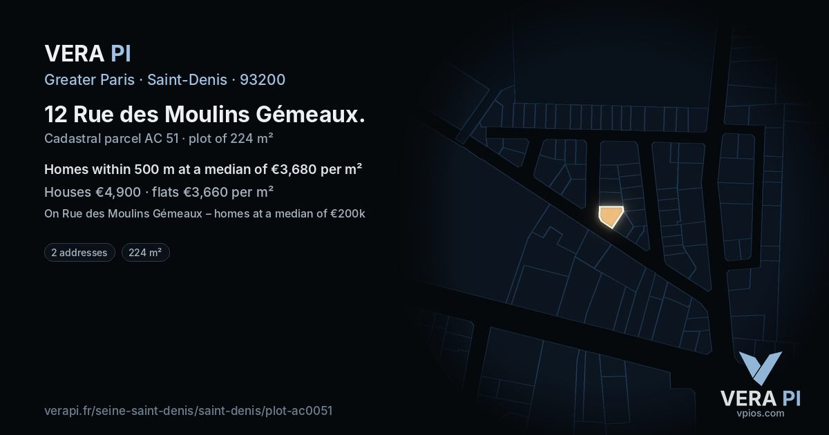 12 Rue des Moulins Gémeaux, Saint-Denis at night – the plot lit, the parcels around coloured by the prices near them