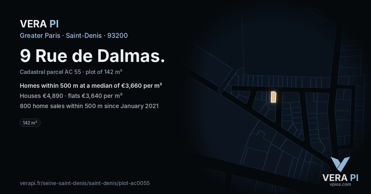 9 Rue de Dalmas, Saint-Denis at night – the plot lit, the parcels around coloured by the prices near them