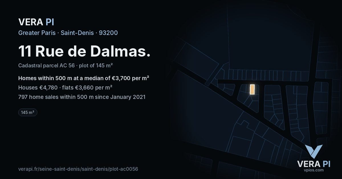 11 Rue de Dalmas, Saint-Denis at night – the plot lit, the parcels around coloured by the prices near them