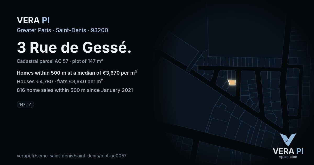 3 Rue de Gessé, Saint-Denis at night – the plot lit, the parcels around coloured by the prices near them