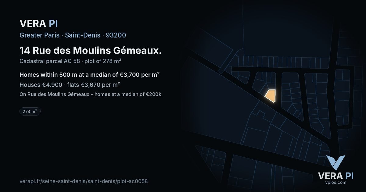14 Rue des Moulins Gémeaux, Saint-Denis at night – the plot lit, the parcels around coloured by the prices near them