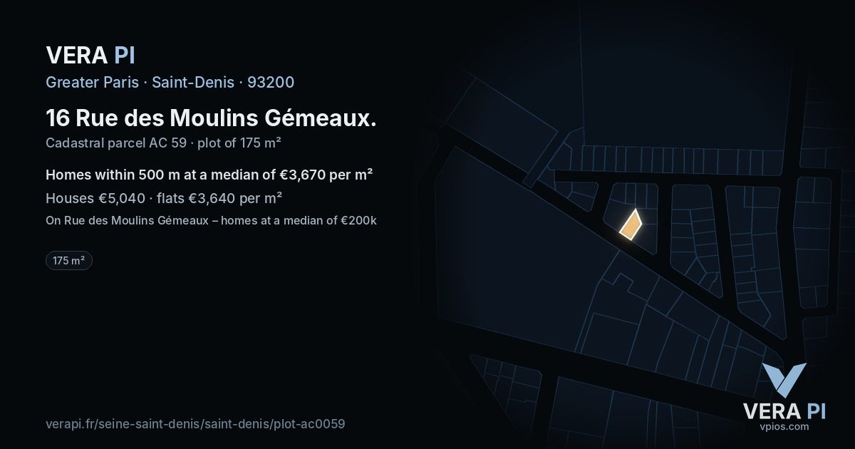 16 Rue des Moulins Gémeaux, Saint-Denis at night – the plot lit, the parcels around coloured by the prices near them