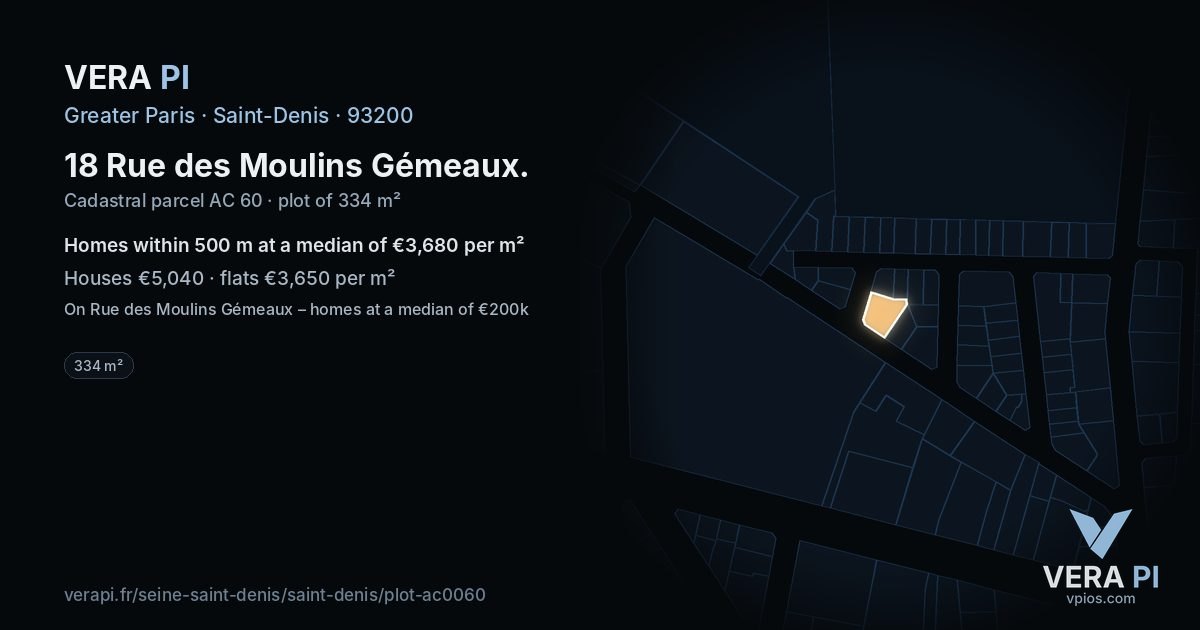 18 Rue des Moulins Gémeaux, Saint-Denis at night – the plot lit, the parcels around coloured by the prices near them