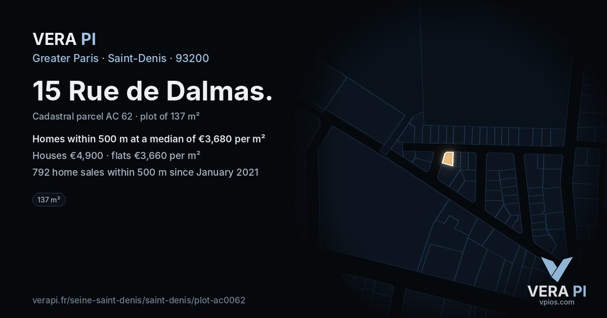 15 Rue de Dalmas, Saint-Denis at night – the plot lit, the parcels around coloured by the prices near them
