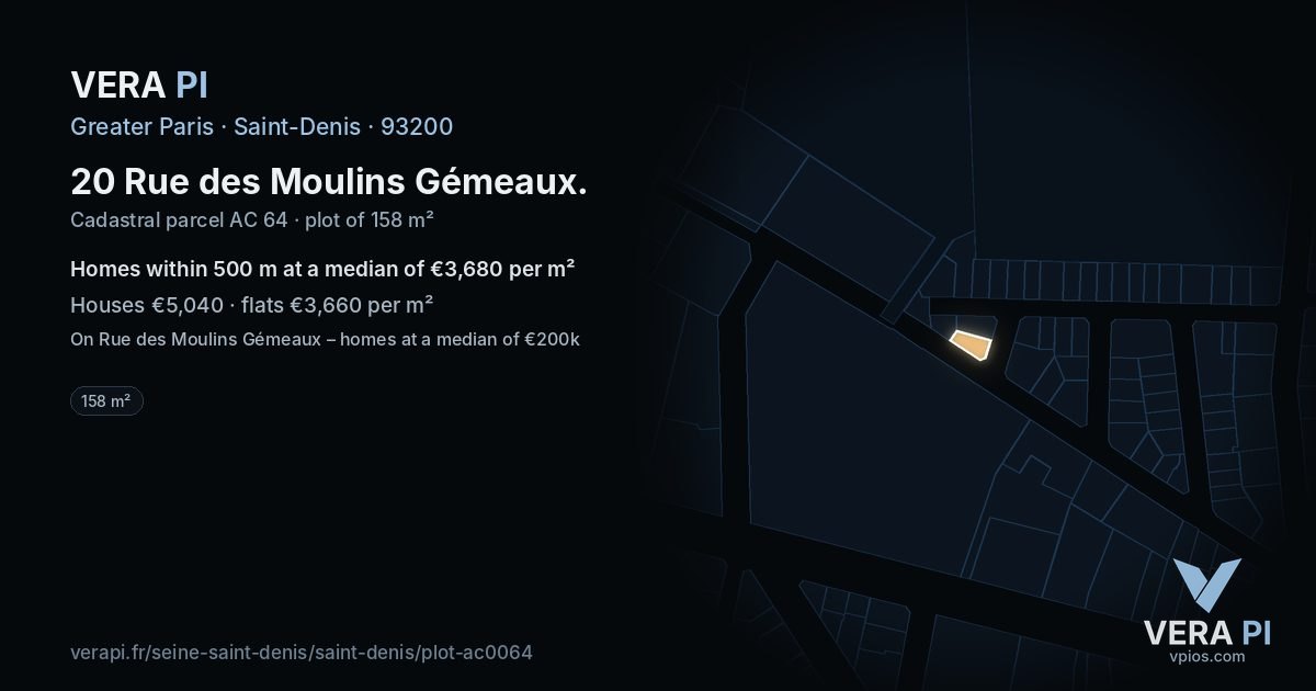 20 Rue des Moulins Gémeaux, Saint-Denis at night – the plot lit, the parcels around coloured by the prices near them