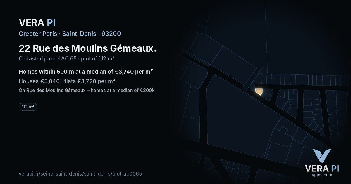 22 Rue des Moulins Gémeaux, Saint-Denis at night – the plot lit, the parcels around coloured by the prices near them