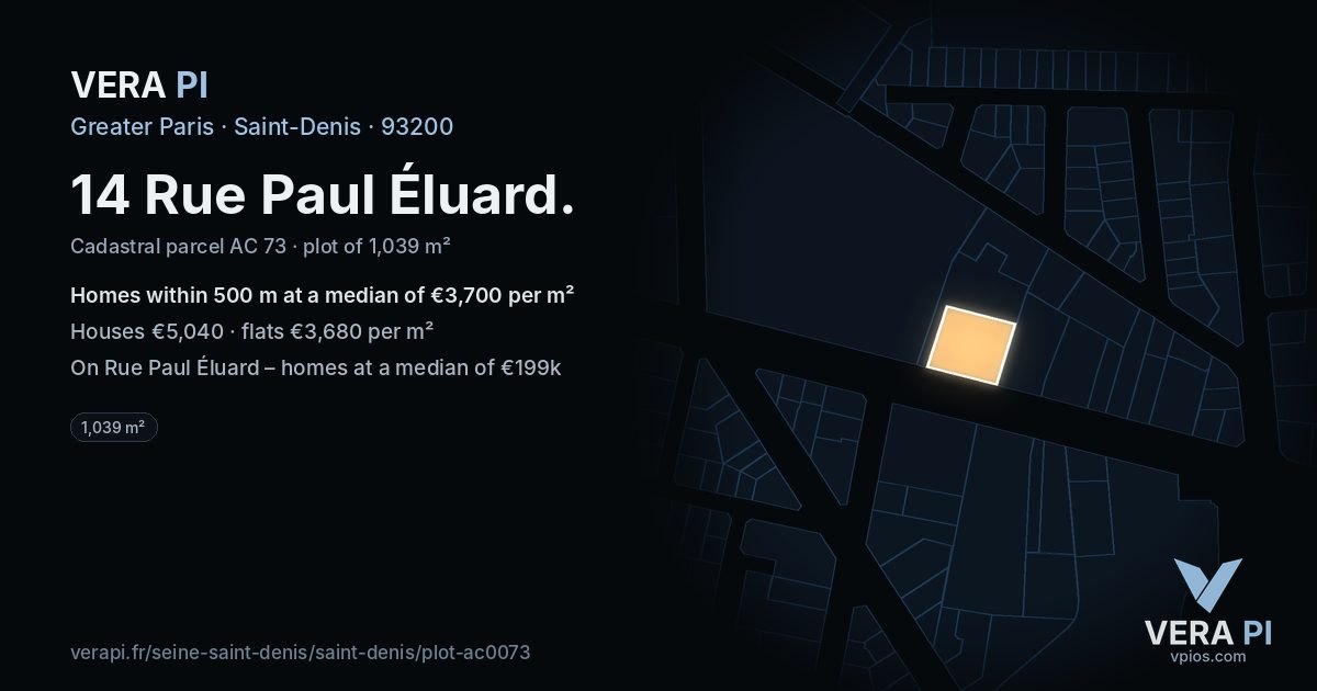 14 Rue Paul Éluard, Saint-Denis at night – the plot lit, the parcels around coloured by the prices near them