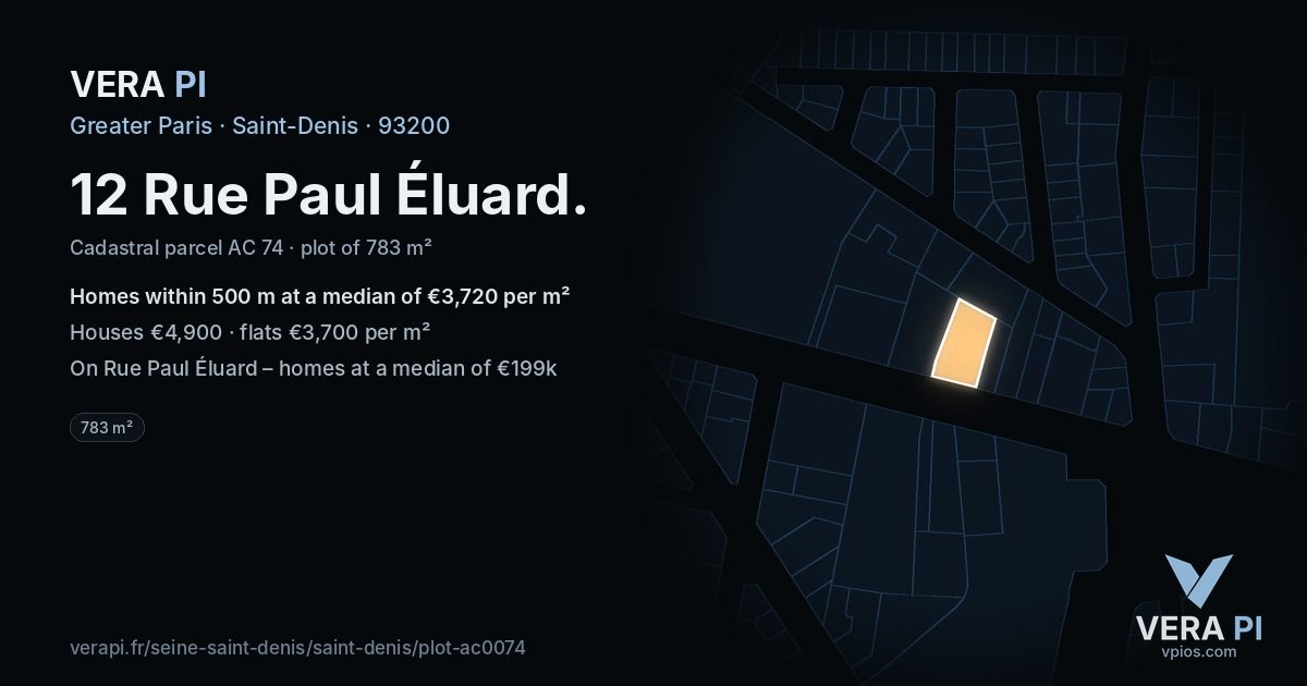12 Rue Paul Éluard, Saint-Denis at night – the plot lit, the parcels around coloured by the prices near them