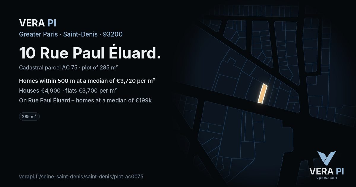 10 Rue Paul Éluard, Saint-Denis at night – the plot lit, the parcels around coloured by the prices near them