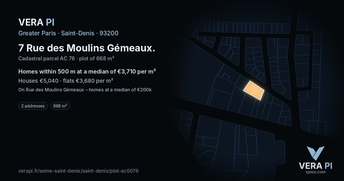 7 Rue des Moulins Gémeaux, Saint-Denis at night – the plot lit, the parcels around coloured by the prices near them