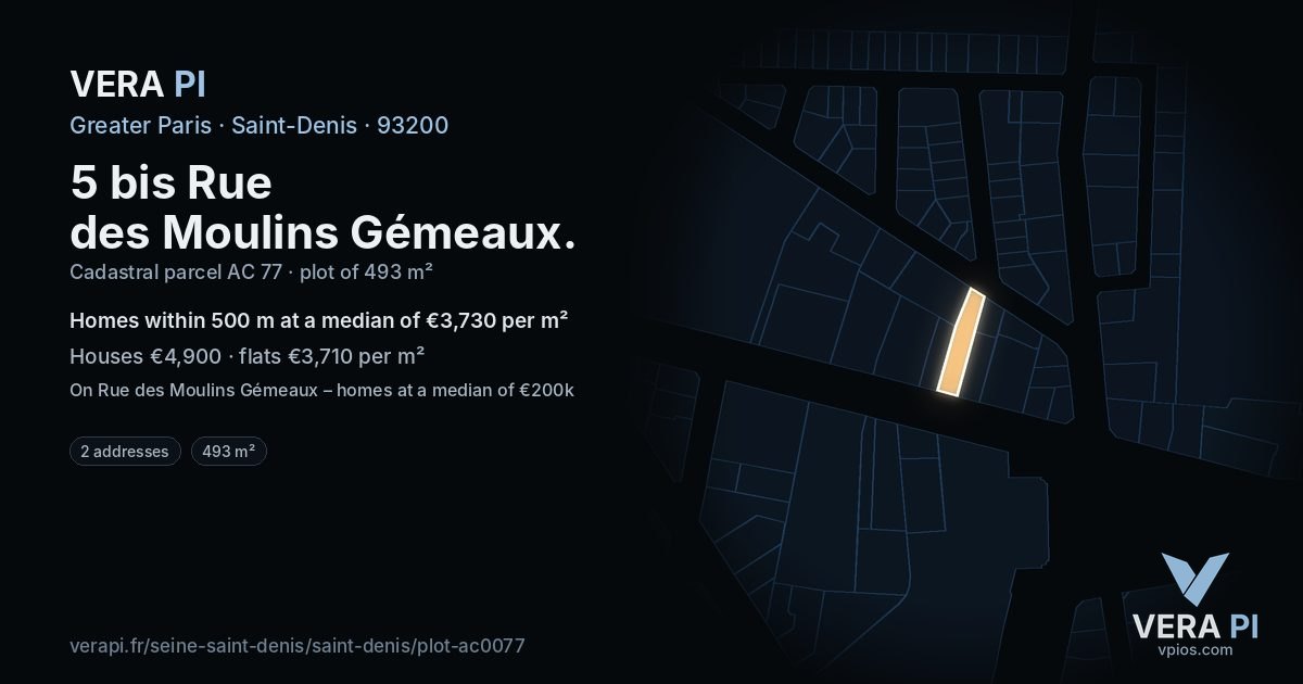 5 bis Rue des Moulins Gémeaux, Saint-Denis at night – the plot lit, the parcels around coloured by the prices near them