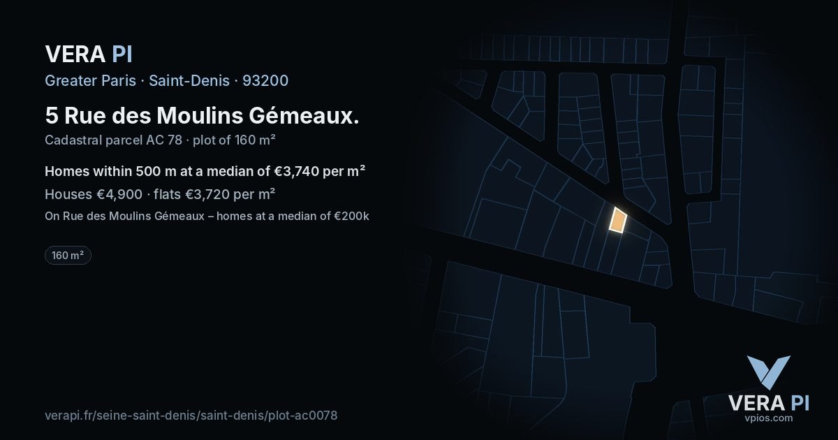 5 Rue des Moulins Gémeaux, Saint-Denis at night – the plot lit, the parcels around coloured by the prices near them