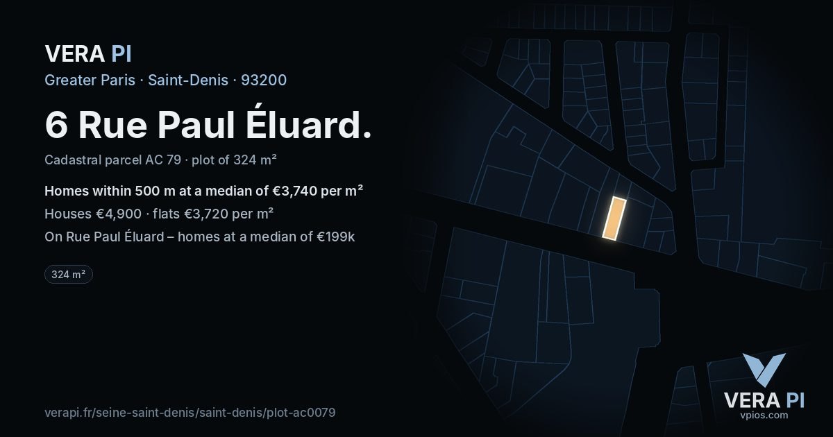 6 Rue Paul Éluard, Saint-Denis at night – the plot lit, the parcels around coloured by the prices near them