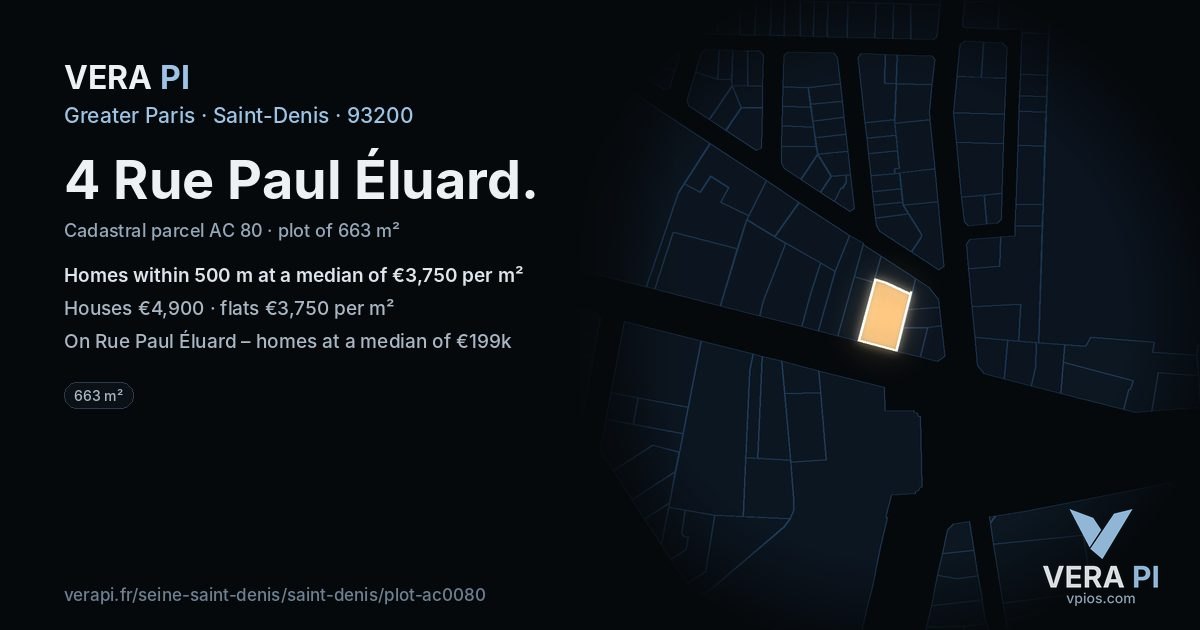 4 Rue Paul Éluard, Saint-Denis at night – the plot lit, the parcels around coloured by the prices near them