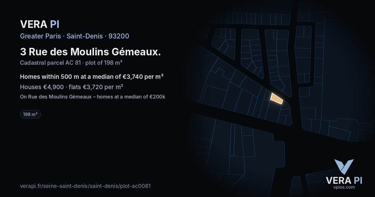 3 Rue des Moulins Gémeaux, Saint-Denis at night – the plot lit, the parcels around coloured by the prices near them
