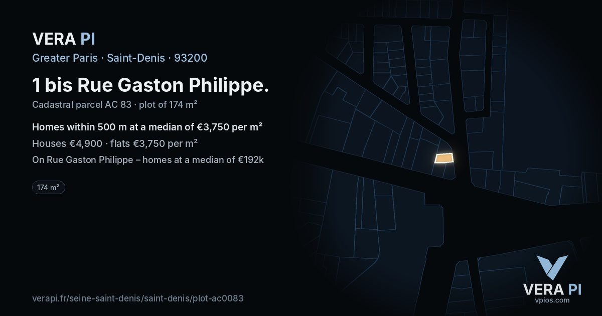 1 bis Rue Gaston Philippe, Saint-Denis at night – the plot lit, the parcels around coloured by the prices near them