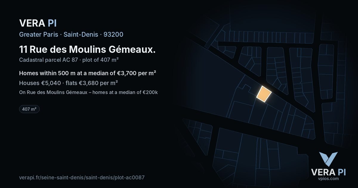 11 Rue des Moulins Gémeaux, Saint-Denis at night – the plot lit, the parcels around coloured by the prices near them