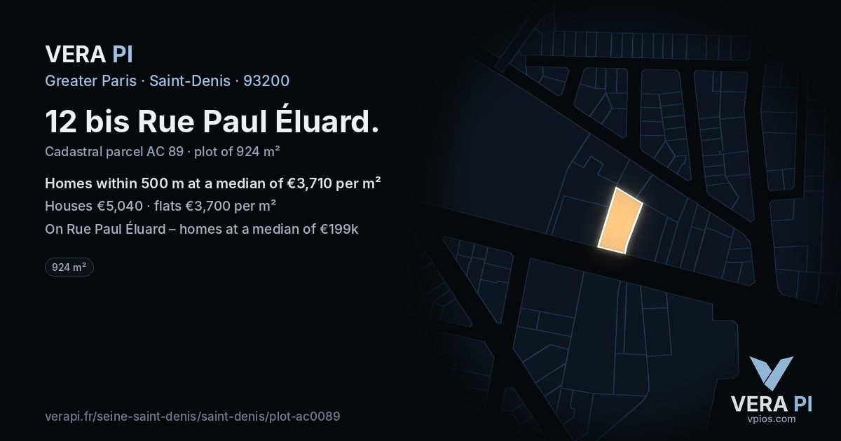 12 bis Rue Paul Éluard, Saint-Denis at night – the plot lit, the parcels around coloured by the prices near them