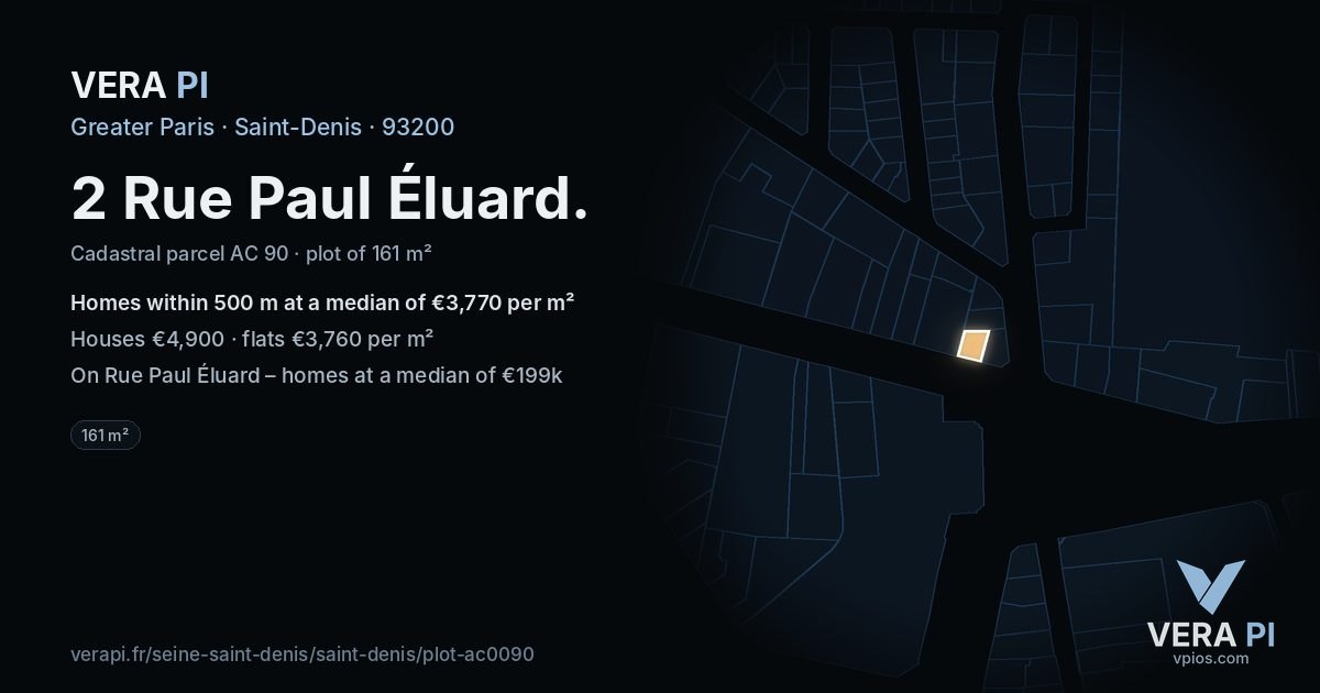 2 Rue Paul Éluard, Saint-Denis at night – the plot lit, the parcels around coloured by the prices near them