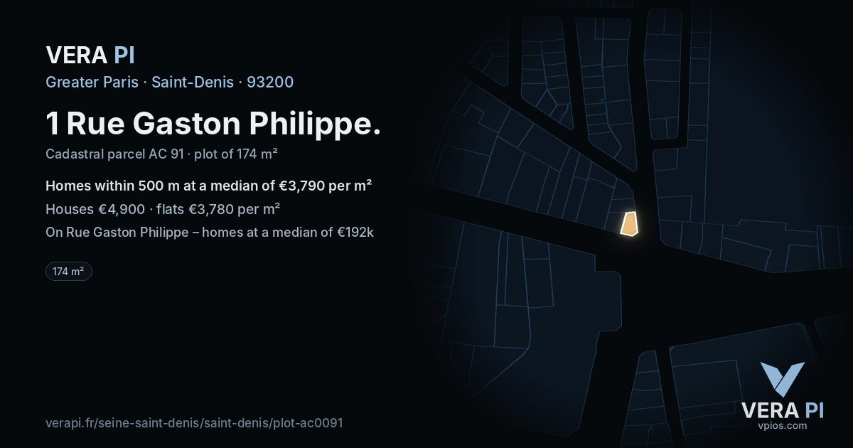 1 Rue Gaston Philippe, Saint-Denis at night – the plot lit, the parcels around coloured by the prices near them