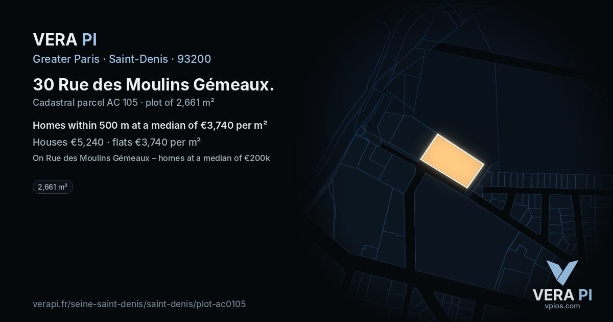 30 Rue des Moulins Gémeaux, Saint-Denis at night – the plot lit, the parcels around coloured by the prices near them