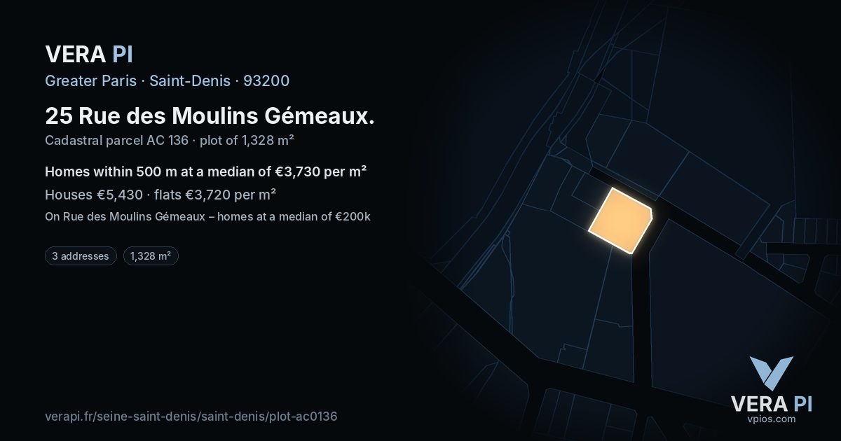 25 Rue des Moulins Gémeaux, Saint-Denis at night – the plot lit, the parcels around coloured by the prices near them