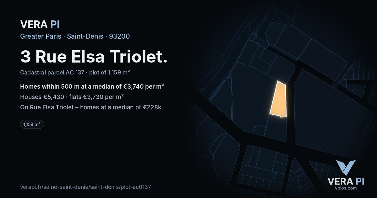 3 Rue Elsa Triolet, Saint-Denis at night – the plot lit, the parcels around coloured by the prices near them