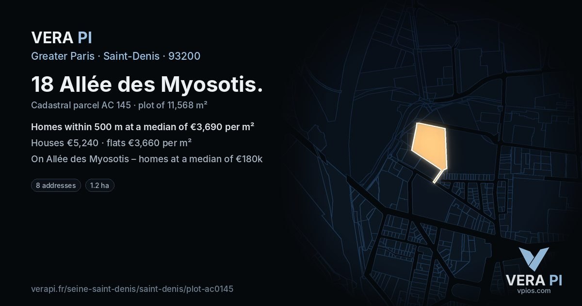 18 Allée des Myosotis, Saint-Denis at night – the plot lit, the parcels around coloured by the prices near them