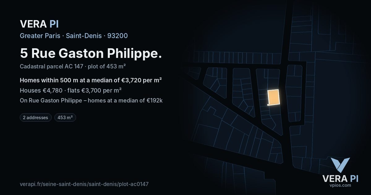 5 Rue Gaston Philippe, Saint-Denis at night – the plot lit, the parcels around coloured by the prices near them