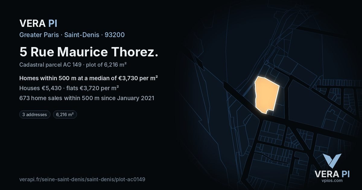 5 Rue Maurice Thorez, Saint-Denis at night – the plot lit, the parcels around coloured by the prices near them