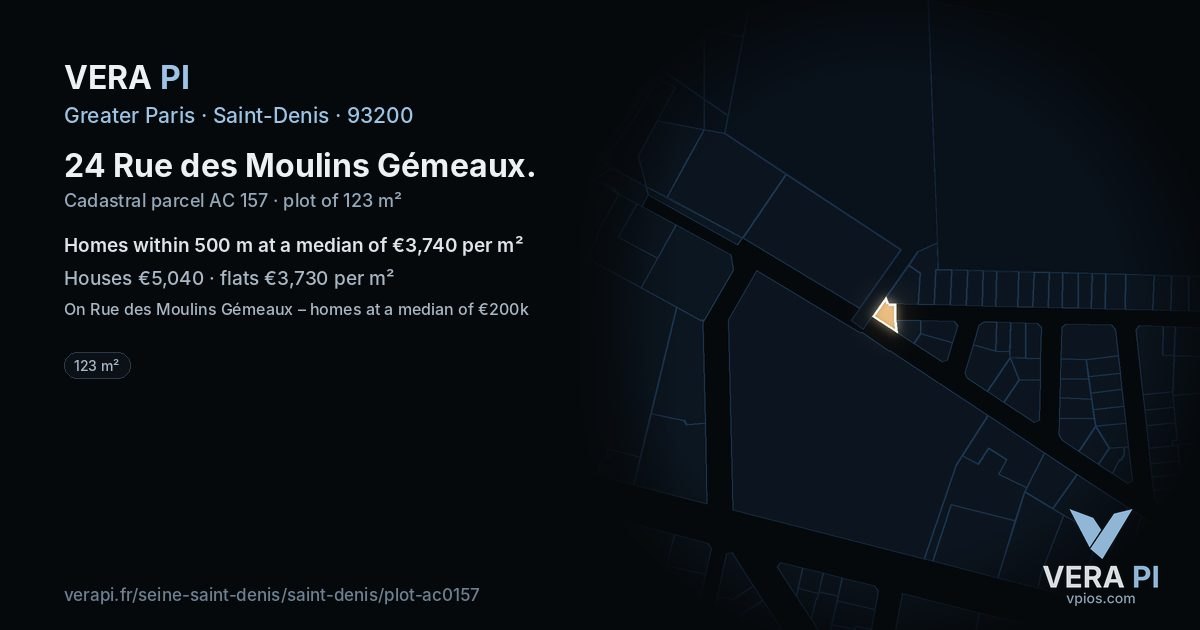 24 Rue des Moulins Gémeaux, Saint-Denis at night – the plot lit, the parcels around coloured by the prices near them