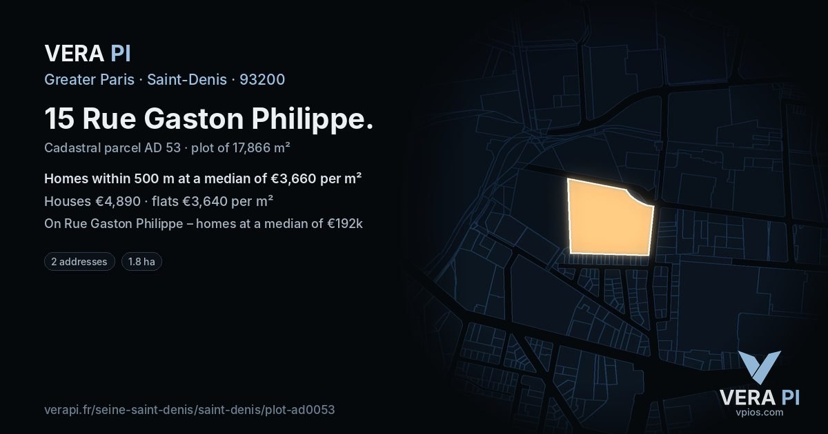 15 Rue Gaston Philippe, Saint-Denis at night – the plot lit, the parcels around coloured by the prices near them