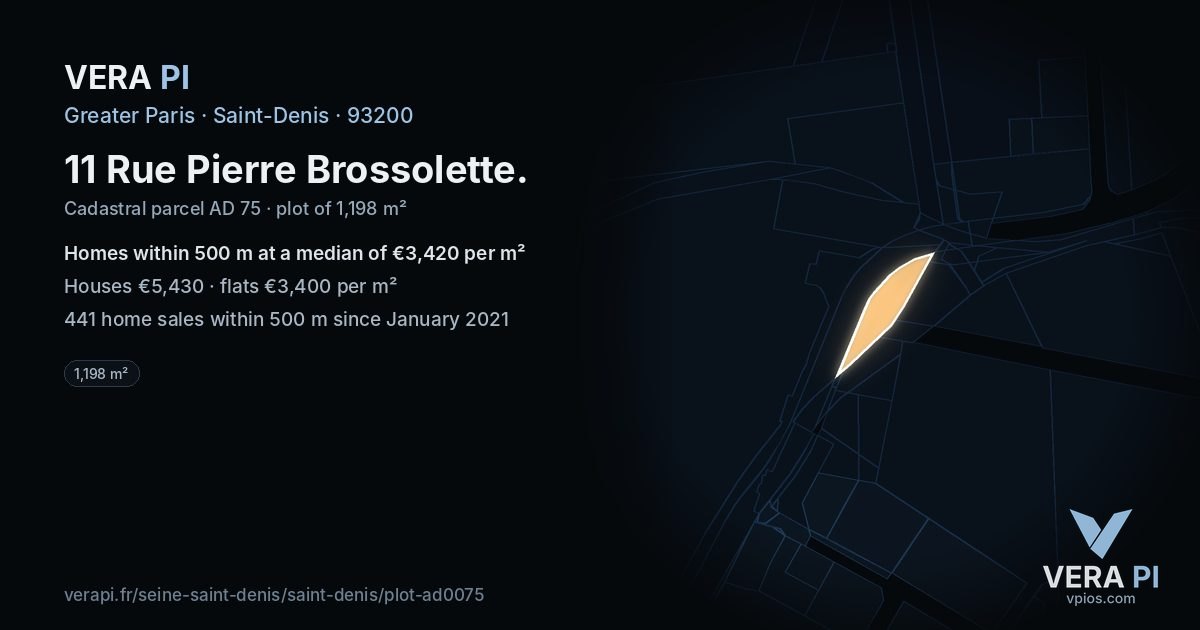 11 Rue Pierre Brossolette, Saint-Denis at night – the plot lit, the parcels around coloured by the prices near them