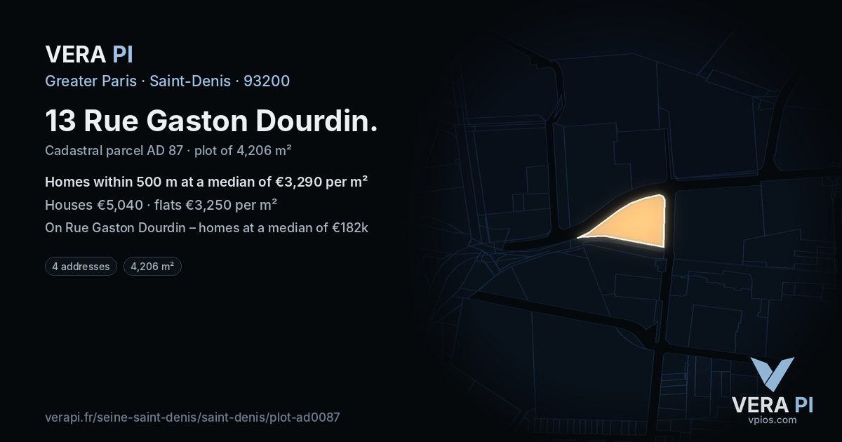13 Rue Gaston Dourdin, Saint-Denis at night – the plot lit, the parcels around coloured by the prices near them