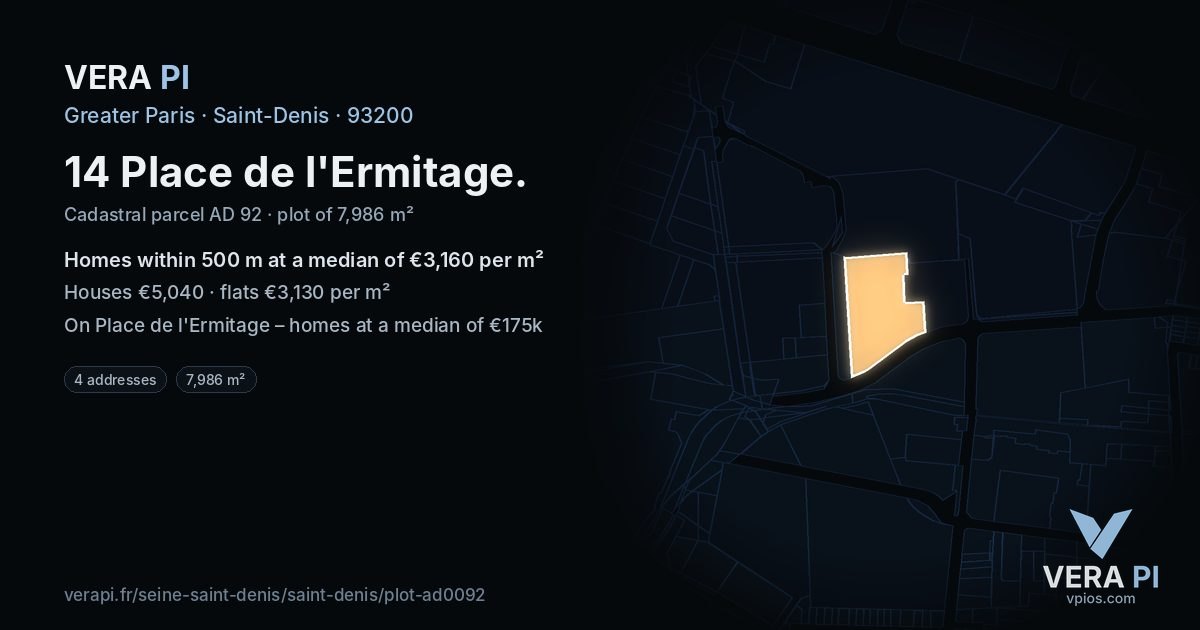 14 Place de l'Ermitage, Saint-Denis at night – the plot lit, the parcels around coloured by the prices near them