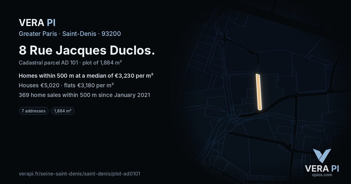 8 Rue Jacques Duclos, Saint-Denis at night – the plot lit, the parcels around coloured by the prices near them