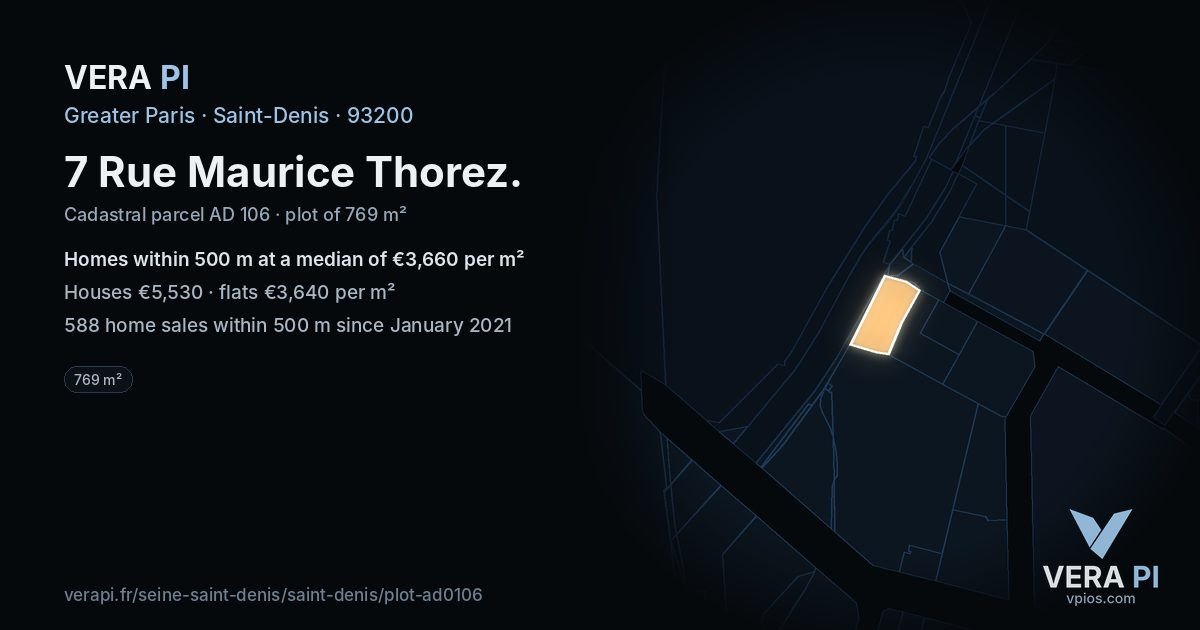7 Rue Maurice Thorez, Saint-Denis at night – the plot lit, the parcels around coloured by the prices near them