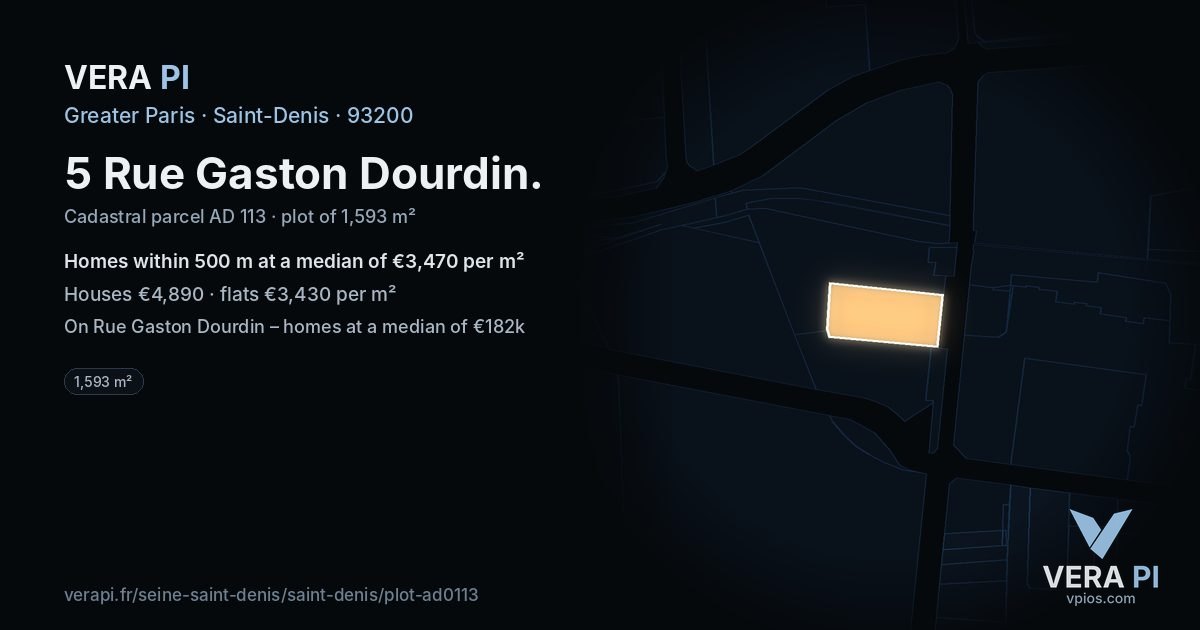 5 Rue Gaston Dourdin, Saint-Denis at night – the plot lit, the parcels around coloured by the prices near them