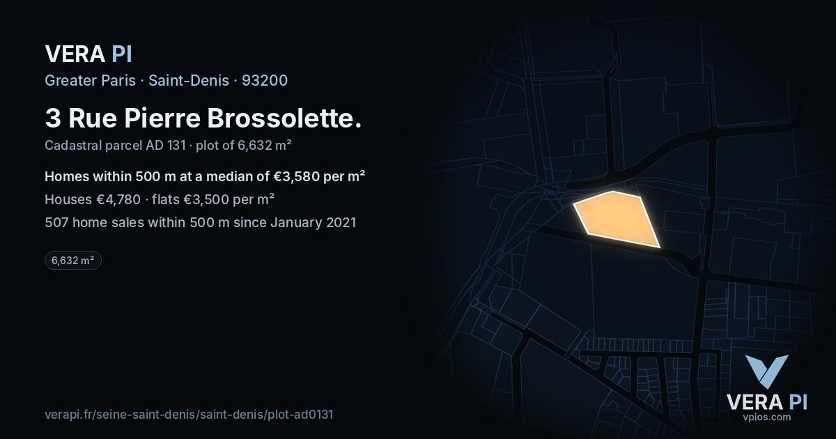 3 Rue Pierre Brossolette, Saint-Denis at night – the plot lit, the parcels around coloured by the prices near them