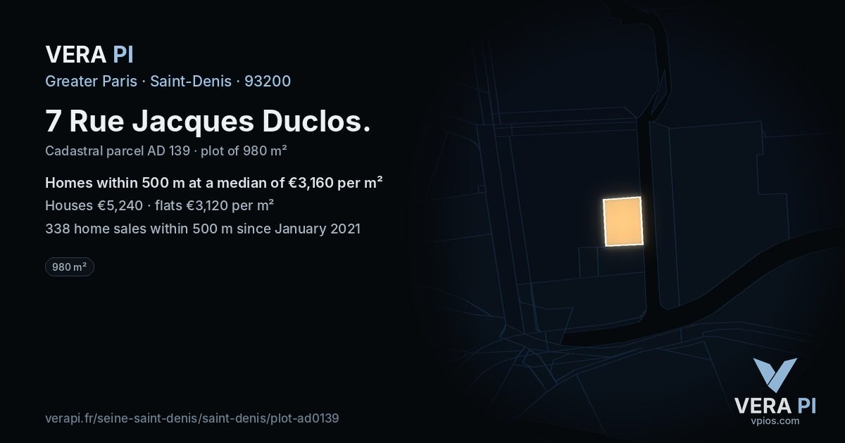 7 Rue Jacques Duclos, Saint-Denis at night – the plot lit, the parcels around coloured by the prices near them