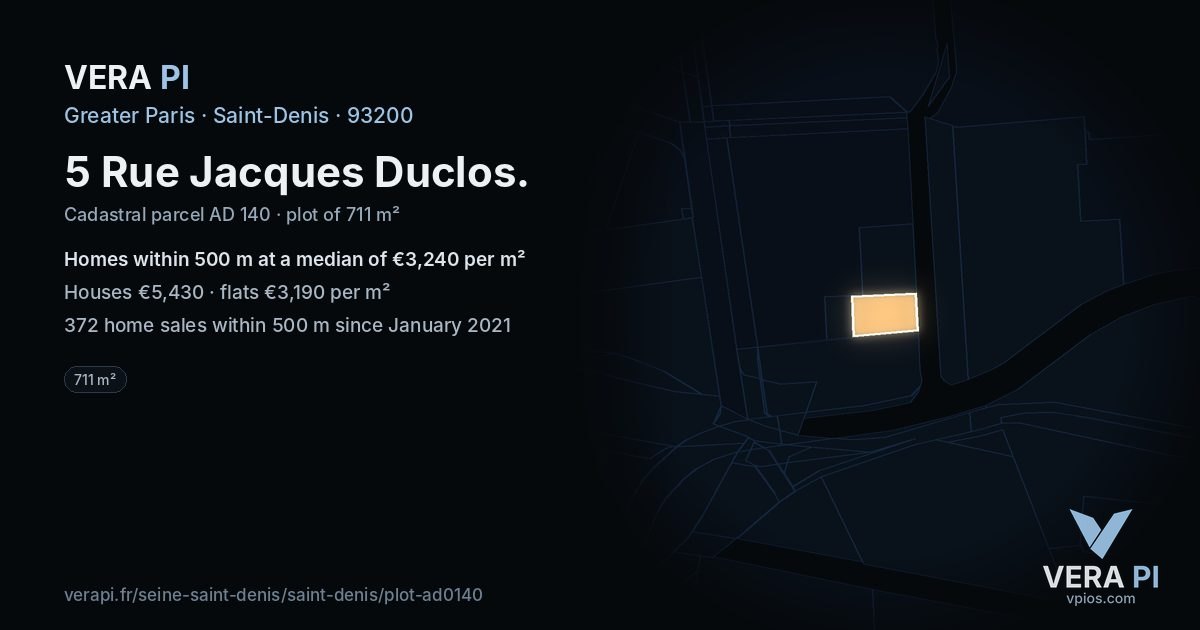 5 Rue Jacques Duclos, Saint-Denis at night – the plot lit, the parcels around coloured by the prices near them