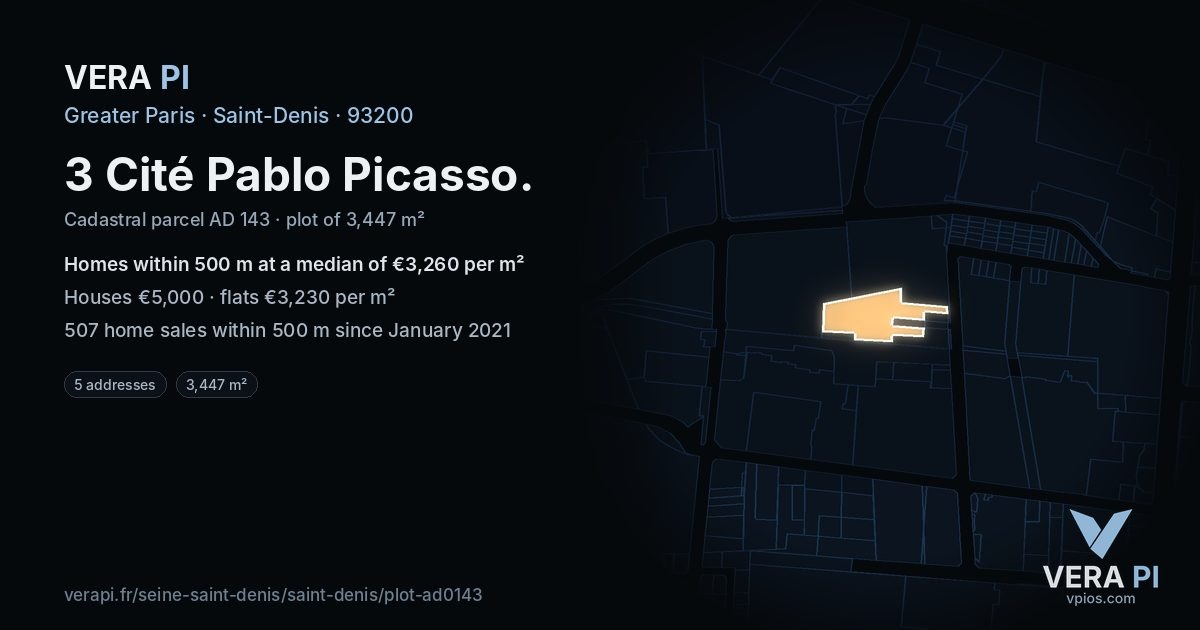3 Cité Pablo Picasso, Saint-Denis at night – the plot lit, the parcels around coloured by the prices near them