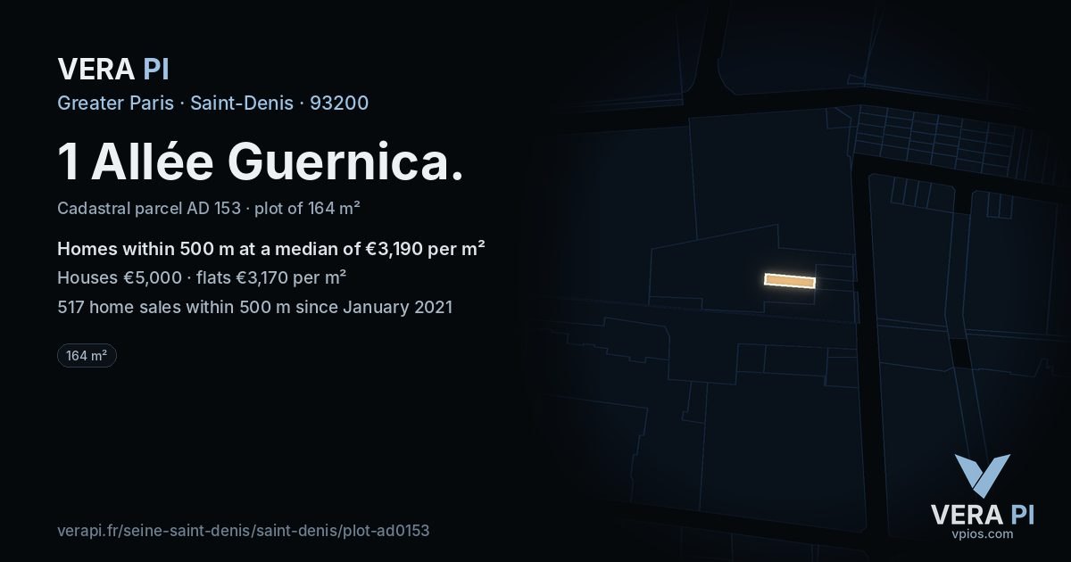 1 Allée Guernica, Saint-Denis at night – the plot lit, the parcels around coloured by the prices near them