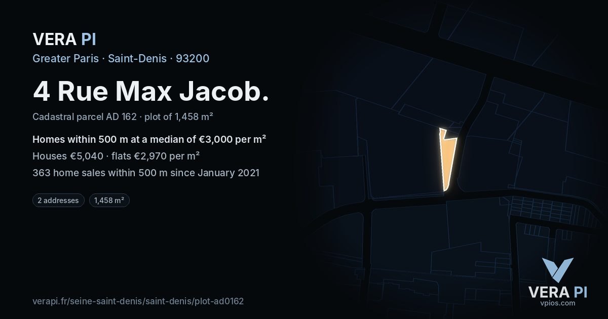4 Rue Max Jacob, Saint-Denis at night – the plot lit, the parcels around coloured by the prices near them