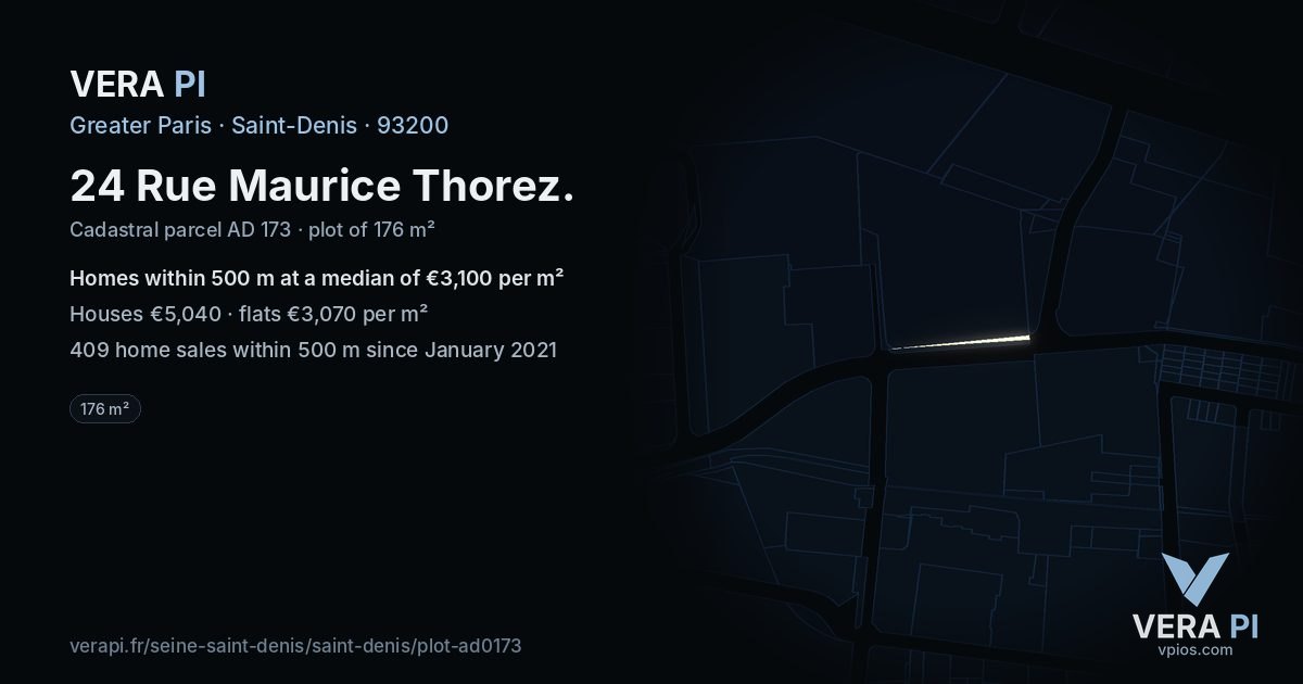 24 Rue Maurice Thorez, Saint-Denis at night – the plot lit, the parcels around coloured by the prices near them